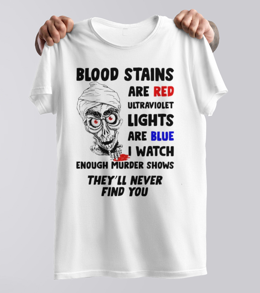 Blood Stains Are Red Ultraviolet Lights Are Blue I Watch Enough Murder Shows They'll Never Find You Skull T-Shirt