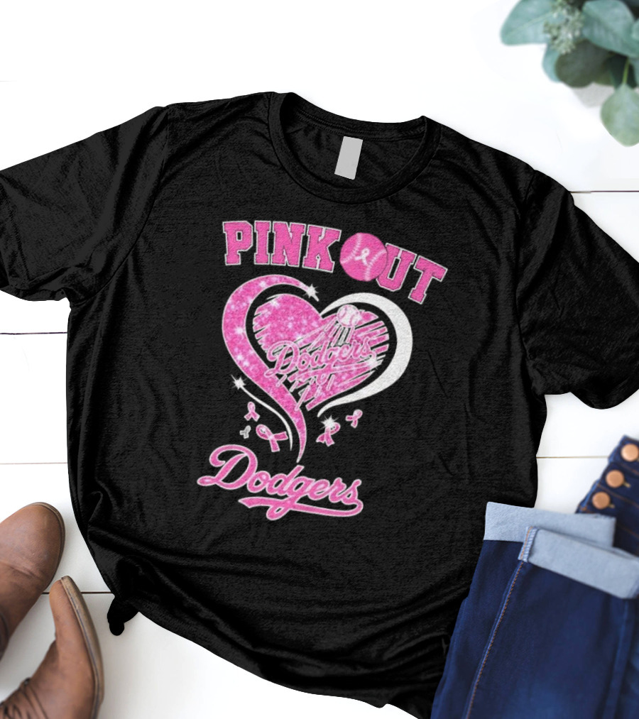 Pink Out Dodgers Heart Breast Cancer Los Angeles T-Shirt