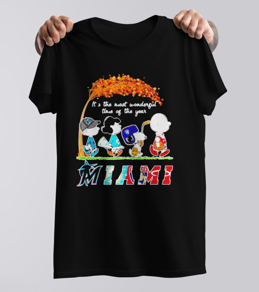 Miami Sports Peanuts Characters Walking Fall It's The Most Wonderful Time Of The Year T-Shirt