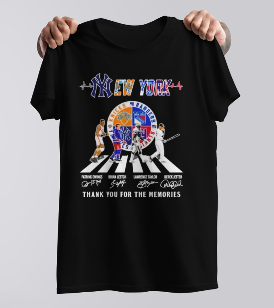 New York Knicks Rangers Giants Yankees Patrick Ewings Brian Leetch Lawrence Taylor Derek Jeter Abbey Road Thank You For The Memories Signatures T-Shirt