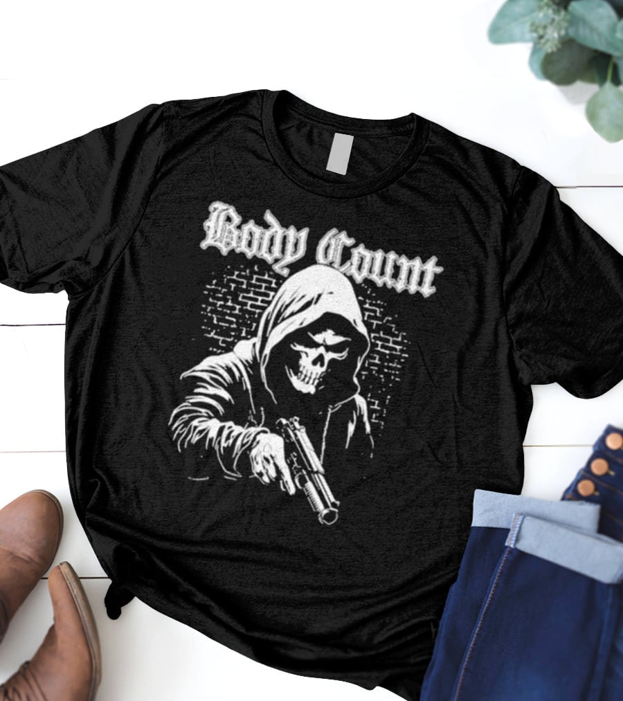 Body Count Hooded Skull With Gun Brick Wall Background T-Shirt