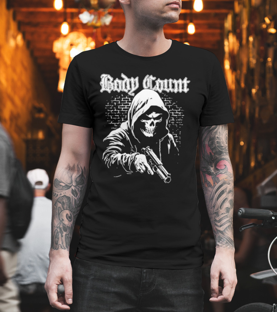 Body Count Hooded Skull With Gun Brick Wall Background T-Shirt