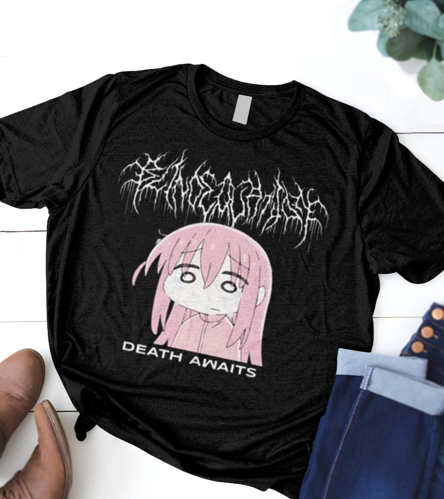 Bejalvin Death Awaits Pink Anime Character With Metal Band Style Lettering T-Shirt