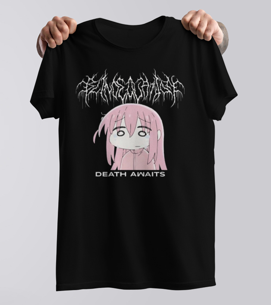 Bejalvin Death Awaits Pink Anime Character With Metal Band Style Lettering T-Shirt