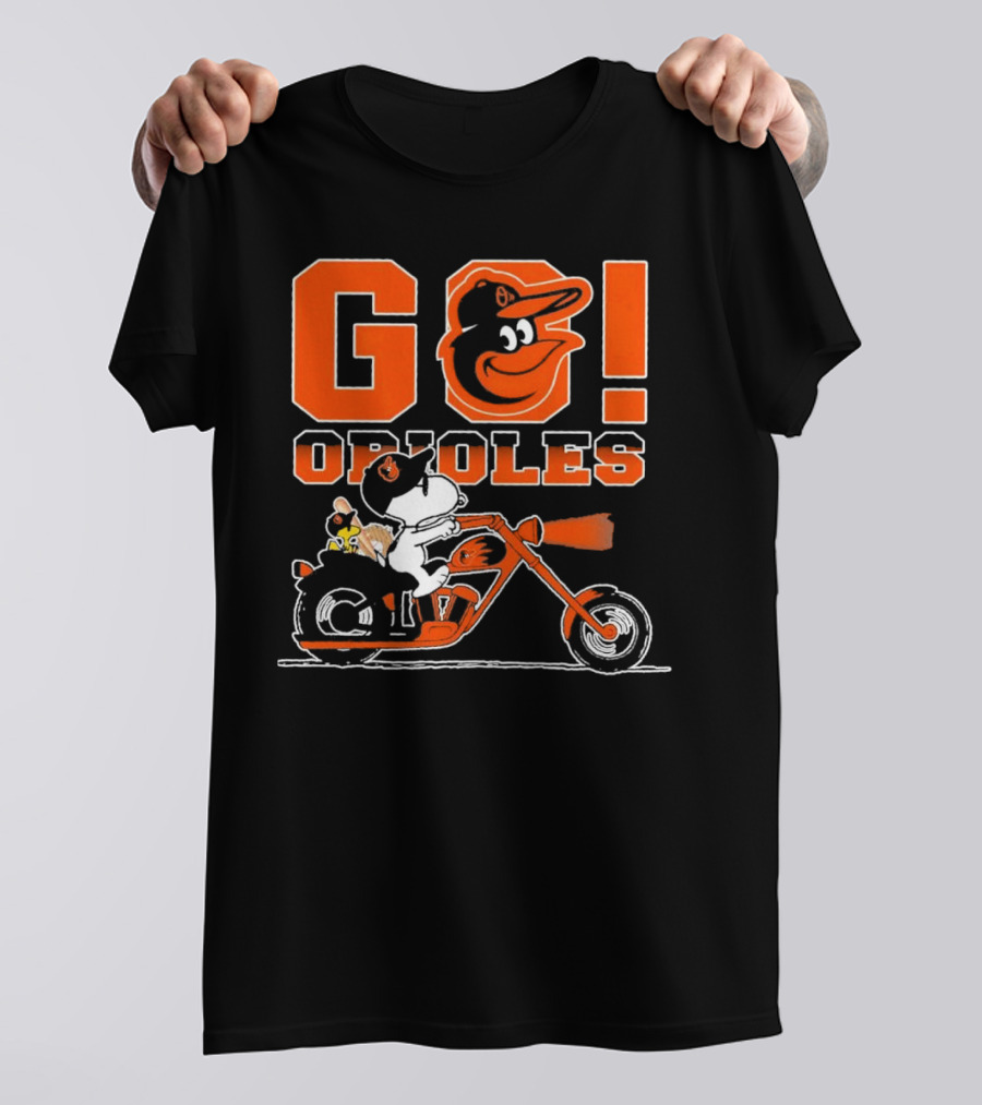Baltimore Orioles Snoopy And Woodstock Ride Motorcycle Go Orioles T-Shirt