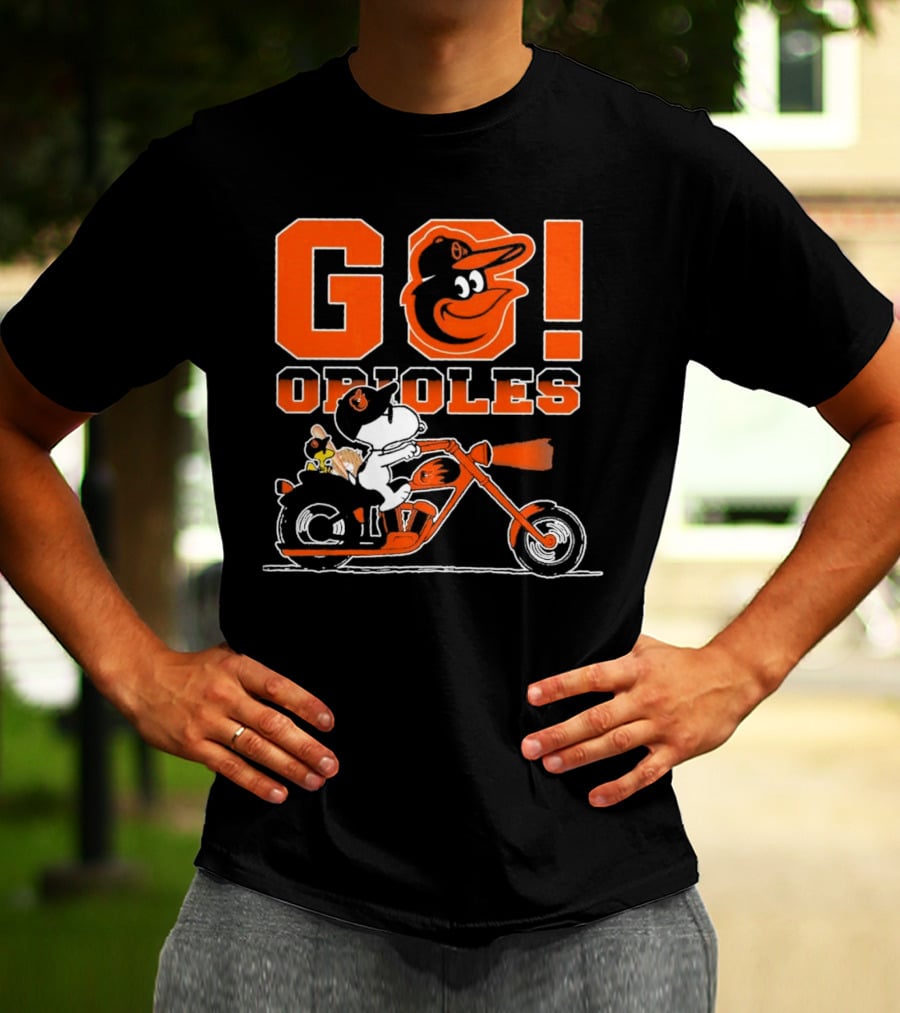 Baltimore Orioles Snoopy And Woodstock Ride Motorcycle Go Orioles T-Shirt