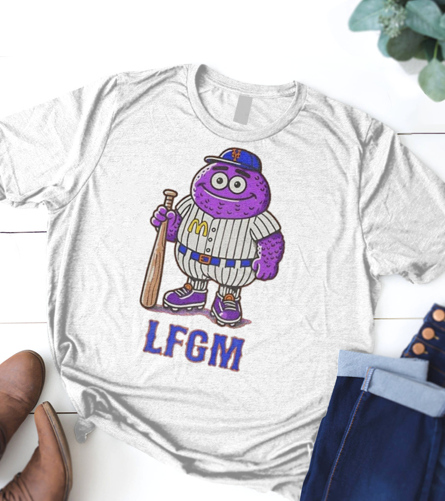 LFGM New York Mets Grimace Cartoon Baseball Bat Character T-Shirt