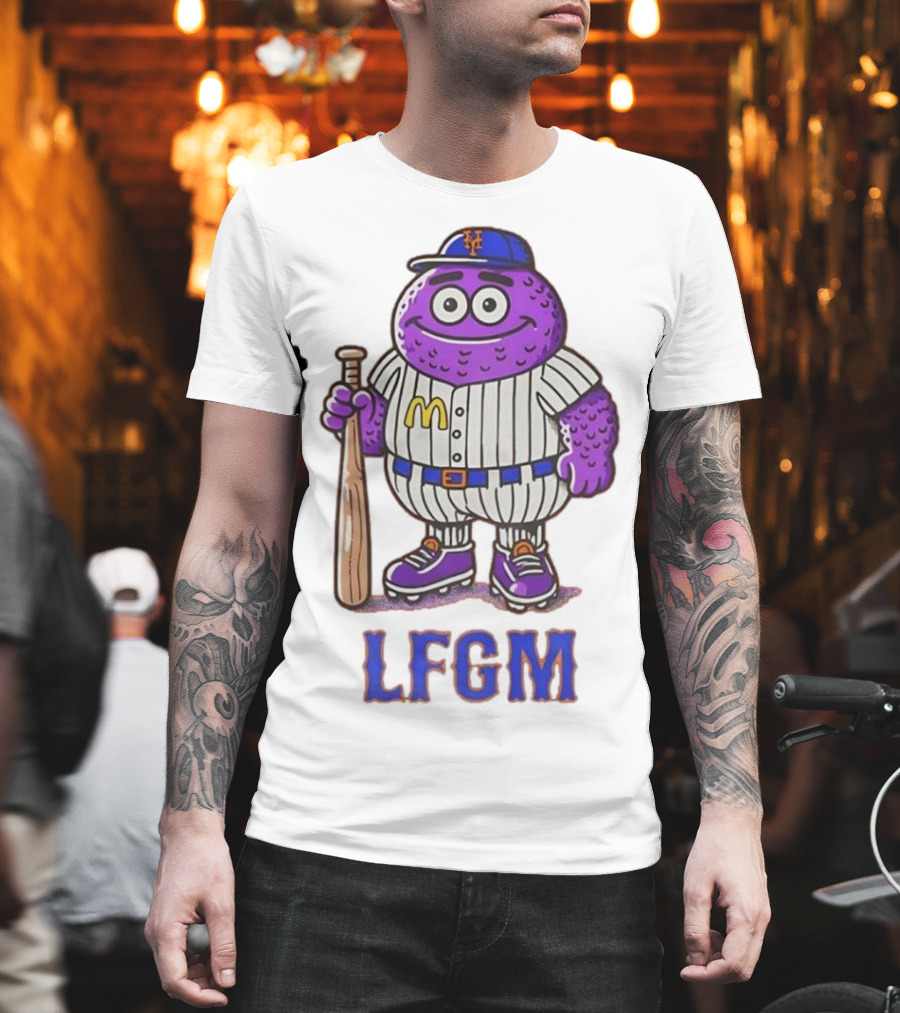 LFGM New York Mets Grimace Cartoon Baseball Bat Character T-Shirt