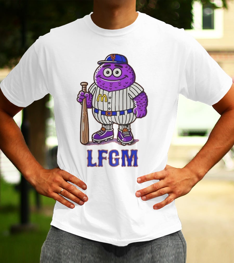 LFGM New York Mets Grimace Cartoon Baseball Bat Character T-Shirt