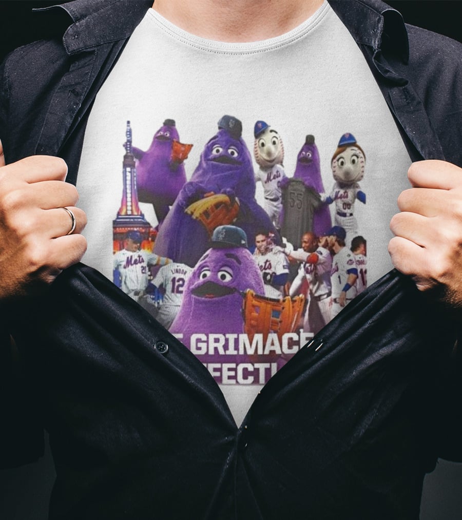 New York Mets The Grimace Effect Baseball Collaboration With Mascot Imagery And Player Interaction T-Shirt