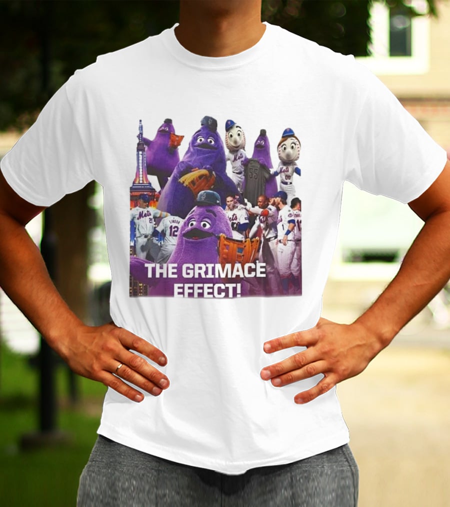 New York Mets The Grimace Effect Baseball Collaboration With Mascot Imagery And Player Interaction T-Shirt