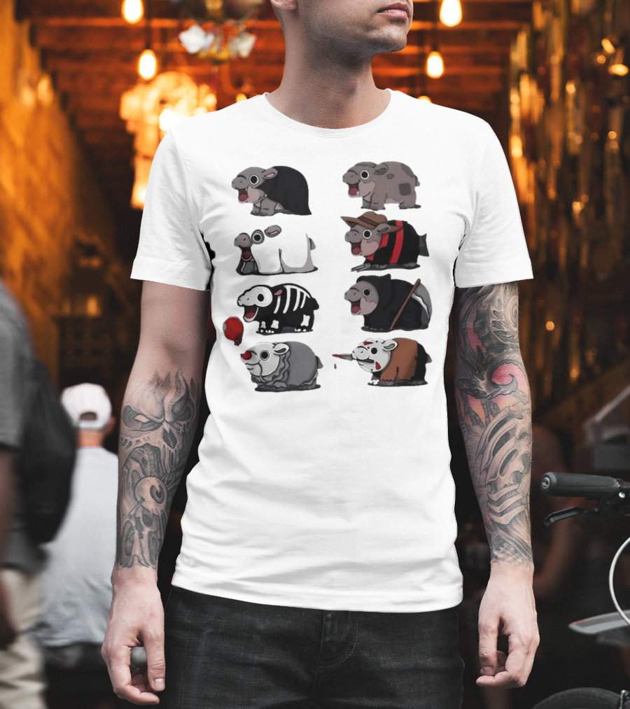 Scary Hippo Moo Deng In Horror Iconic Film Characters T-Shirt