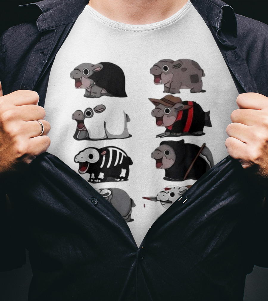 Scary Hippo Moo Deng In Horror Iconic Film Characters T-Shirt