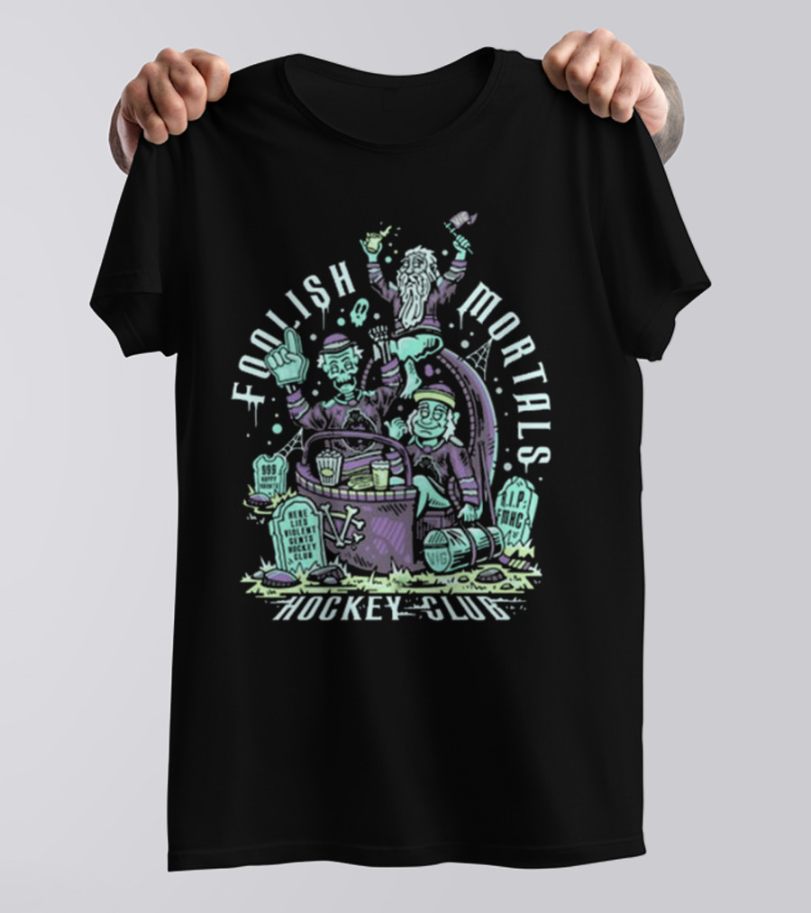 Foolish Mortals Hockey Club With Tombstones And Ghostly Characters T-Shirt