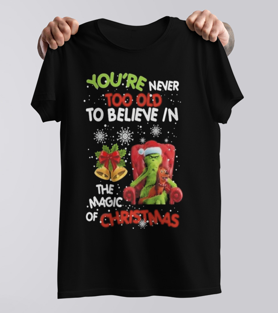 YOU'RE NEVER TOO OLD TO BELIEVE IN THE MAGIC OF CHRISTMAS GRINCH WITH MAX SITTING IN CHAIR SNOWFLAKES HOLIDAY BELLS AND BOW T-Shirt
