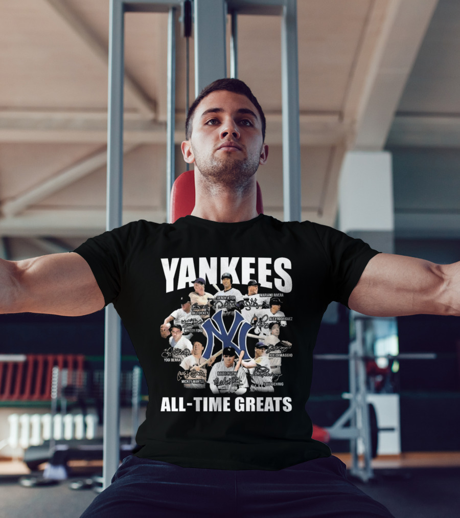 Yankees All-Time Greats Signature Celebrating Derek Jeter Babe Ruth Lou Gehrig Mariano Rivera Mickey Mantle T-Shirt
