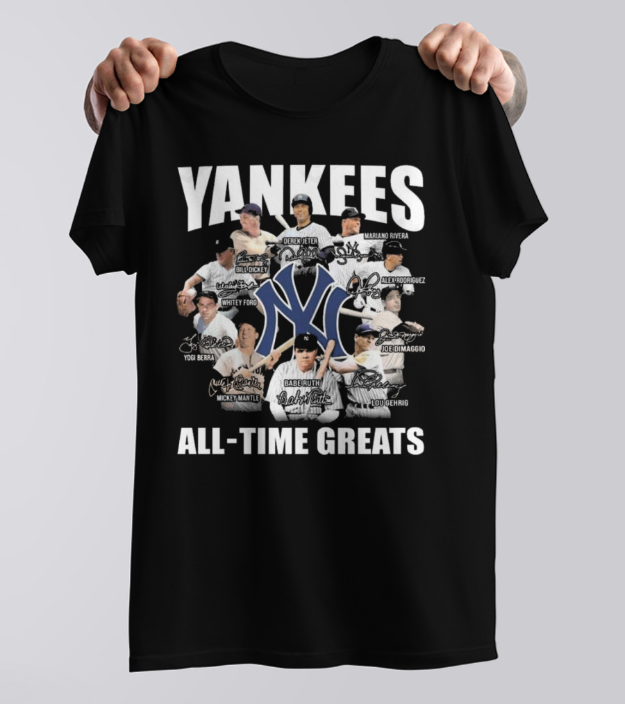 Yankees All-Time Greats Signature Celebrating Derek Jeter Babe Ruth Lou Gehrig Mariano Rivera Mickey Mantle T-Shirt