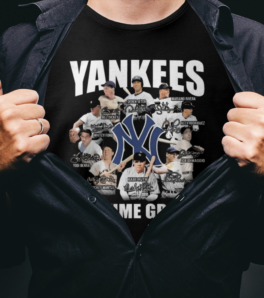 Yankees All-Time Greats Signature Celebrating Derek Jeter Babe Ruth Lou Gehrig Mariano Rivera Mickey Mantle T-Shirt