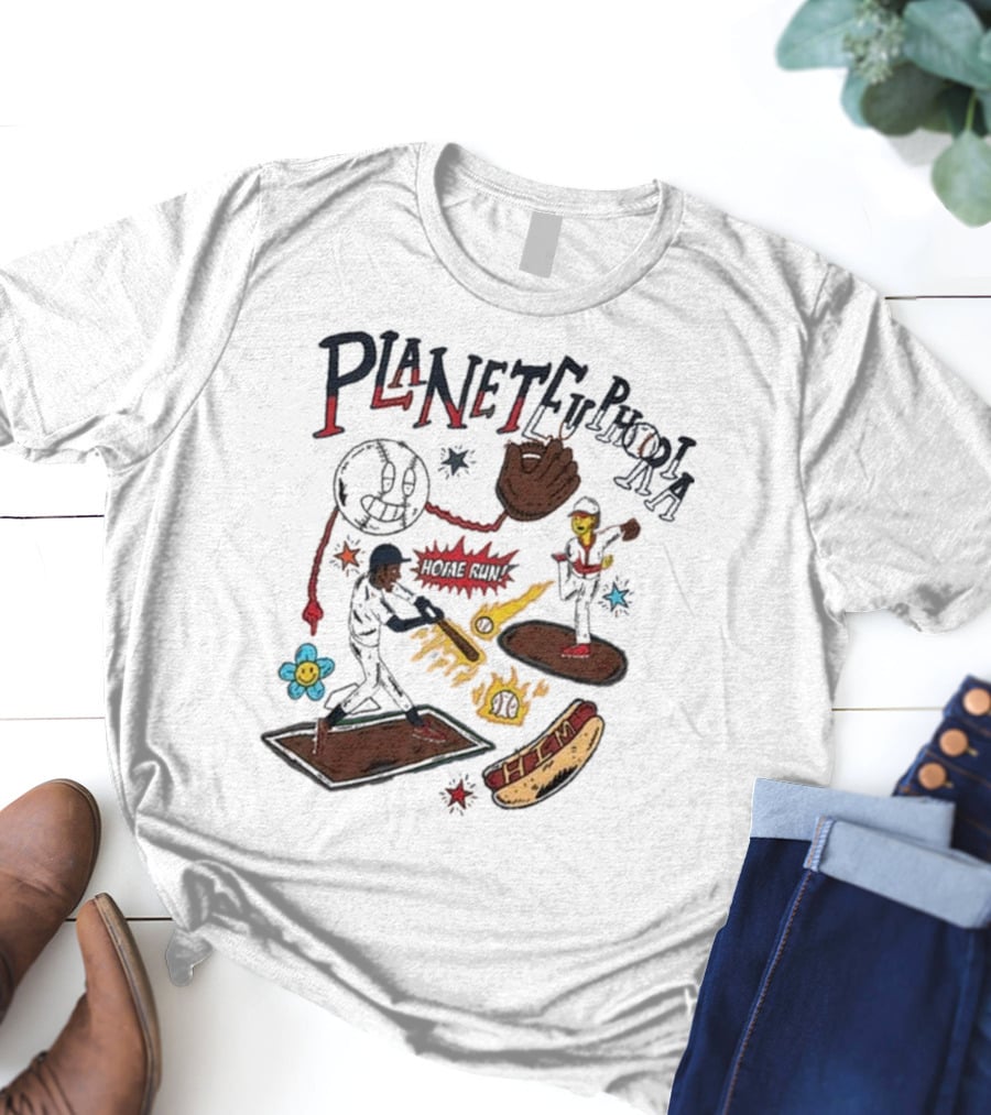 Planet Euphoria Baseball Home Run Hot Dog Illustration With Players And Glove T-Shirt