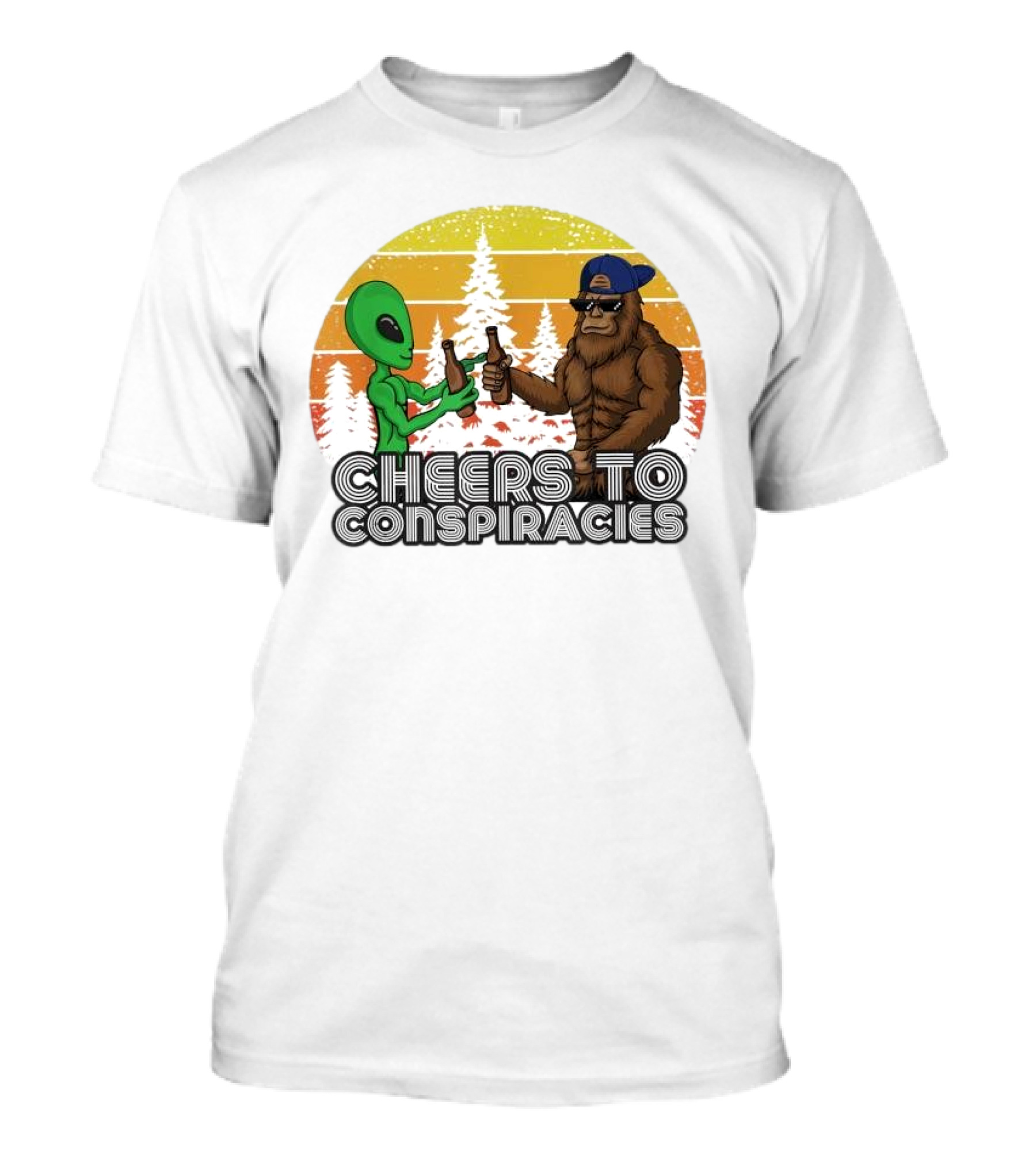 Alien And Bigfoot Cheers To Conspiracies In Retro Sunset Forest T-Shirt