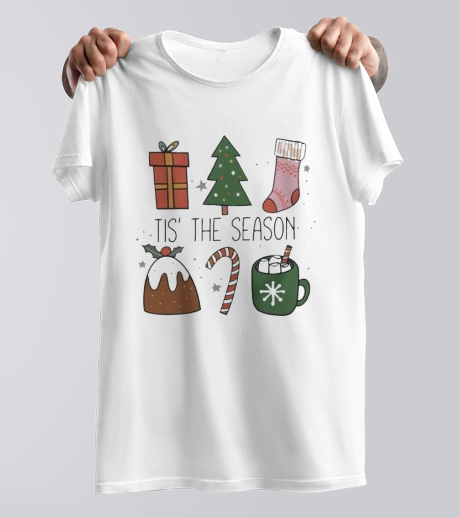 'Tis The Season Christmas Tree Stocking Gift Candy Cane Hot Chocolate T-Shirt