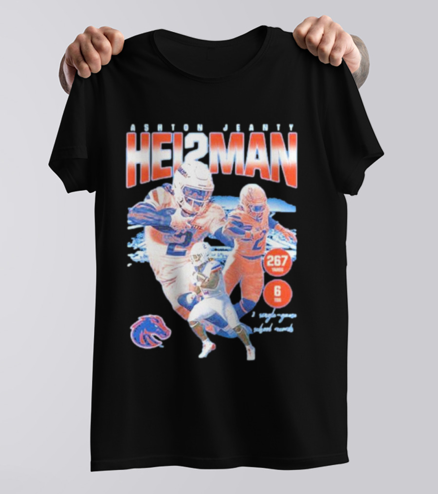 ASHTON JEANTY HEI2MAN 267 Yards 6 Touchdowns Boise State Broncos Player Collage T-Shirt