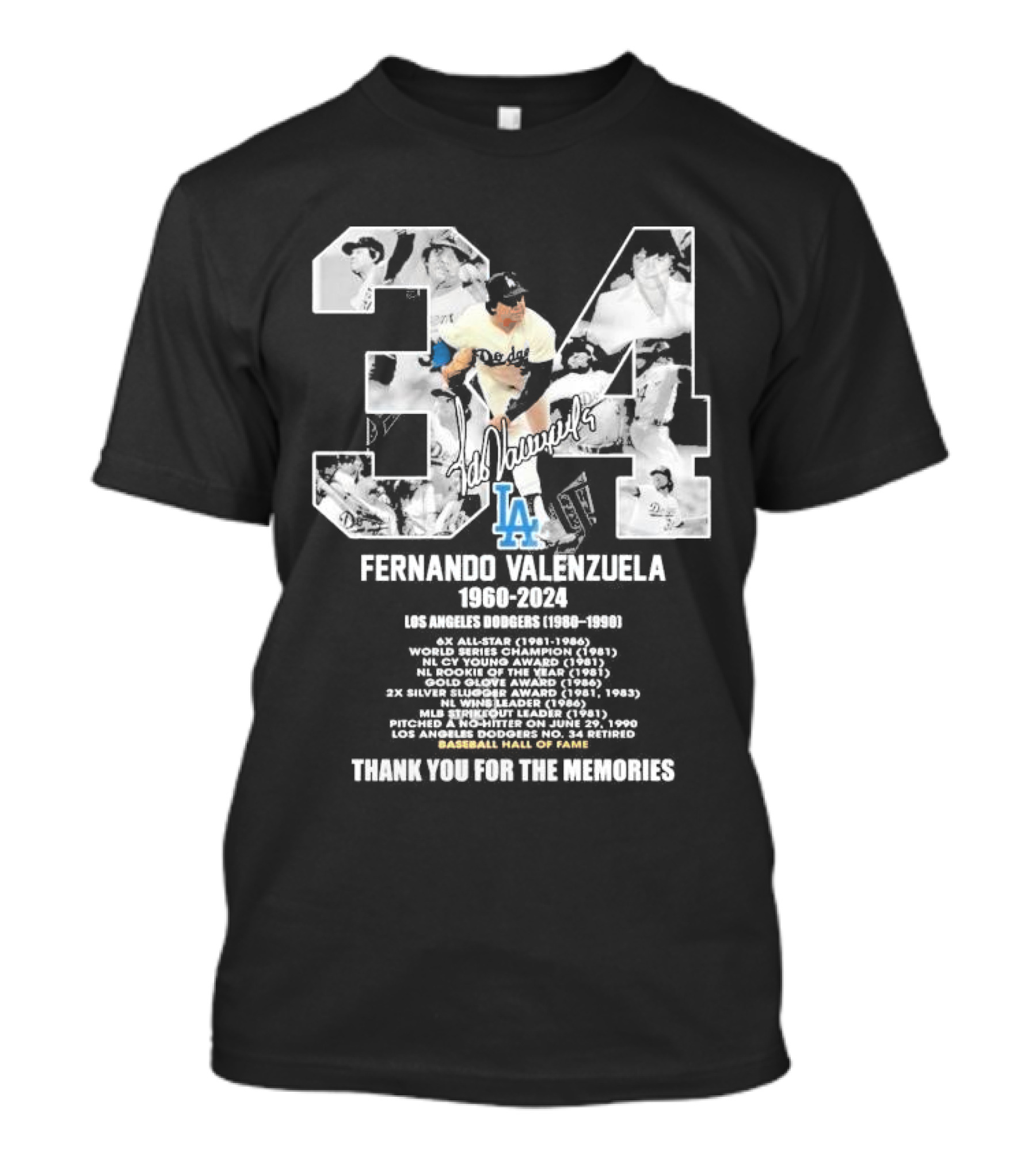 Fernando Valenzuela Los Angeles Dodgers 1980-1991 Baseball Hall Of Fame Thank You For The Memories 34 Signature T-Shirt
