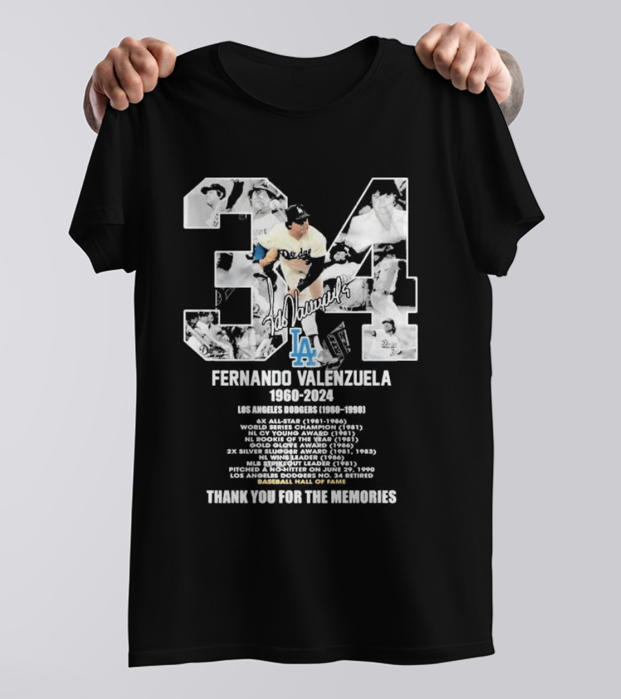 Fernando Valenzuela Los Angeles Dodgers 1980-1991 Baseball Hall Of Fame Thank You For The Memories 34 Signature T-Shirt