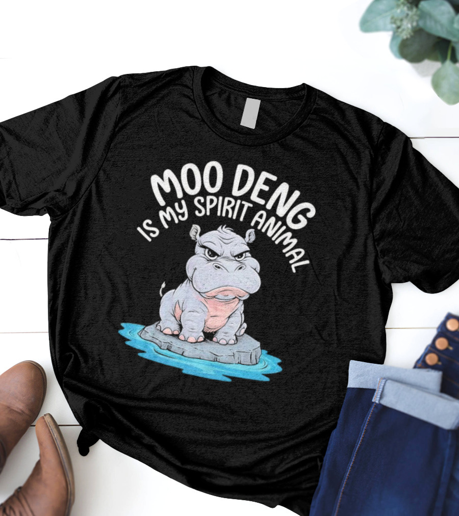 Moo Deng Is My Spirit Animal Cartoon Hippo On Rock In Water T-Shirt