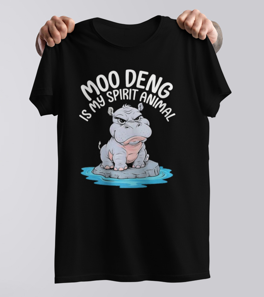 Moo Deng Is My Spirit Animal Cartoon Hippo On Rock In Water T-Shirt