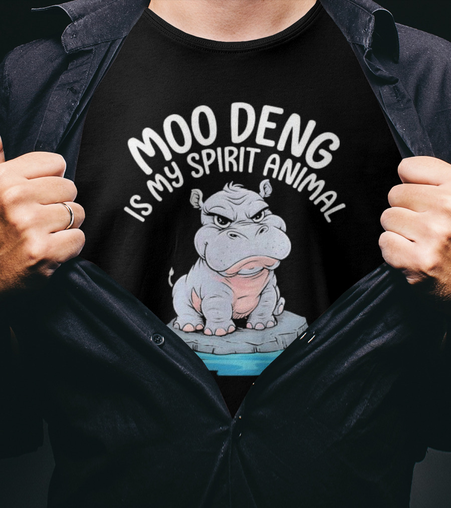 Moo Deng Is My Spirit Animal Cartoon Hippo On Rock In Water T-Shirt