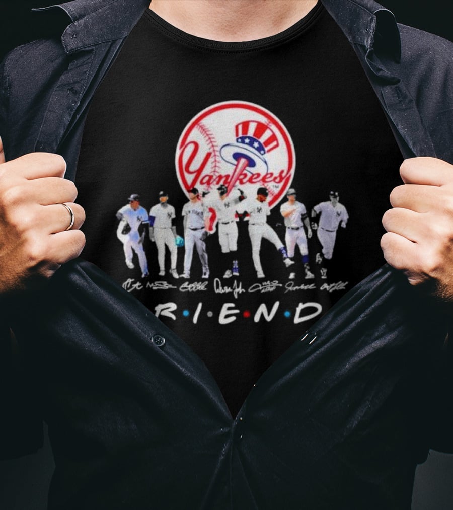 New York Yankees Friends TV Show Style Logo With Baseball Players Signatures T-Shirt