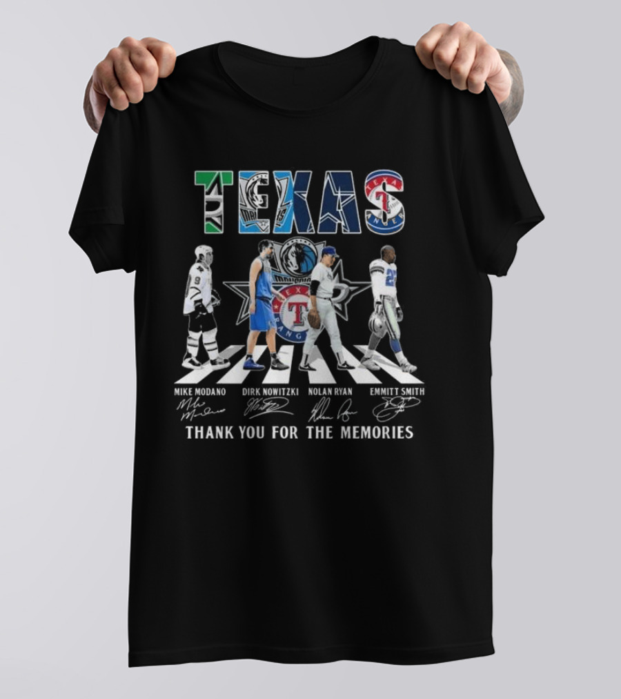 Texas Legends Mike Modano Dirk Nowitzki Nolan Ryan Emmitt Smith Thank You For The Memories T-Shirt