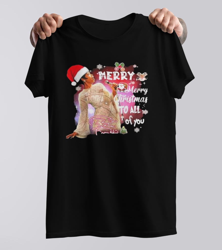 Aretha Franklin Merry Christmas To All Of You Santa Hat Snowflakes T-Shirt
