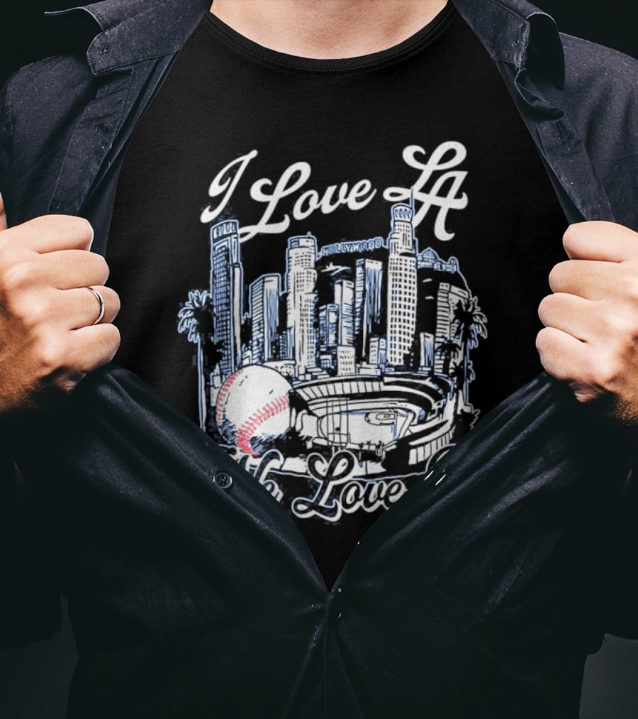 I Love LA Dodgers We Love It Los Angeles Skyline Baseball Stadium T-Shirt