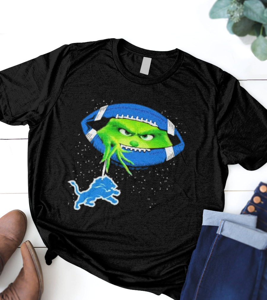 Grinch Holding Detroit Lions Logo Inside Football Christmas T-Shirt