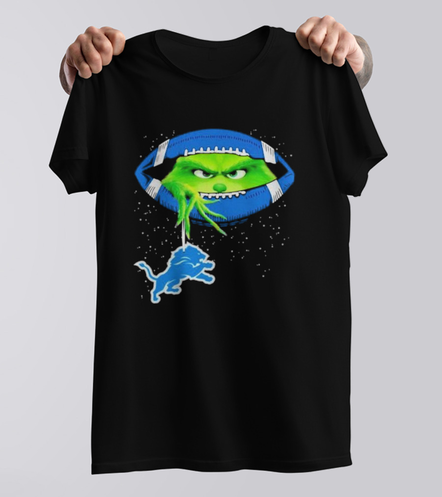 Grinch Holding Detroit Lions Logo Inside Football Christmas T-Shirt