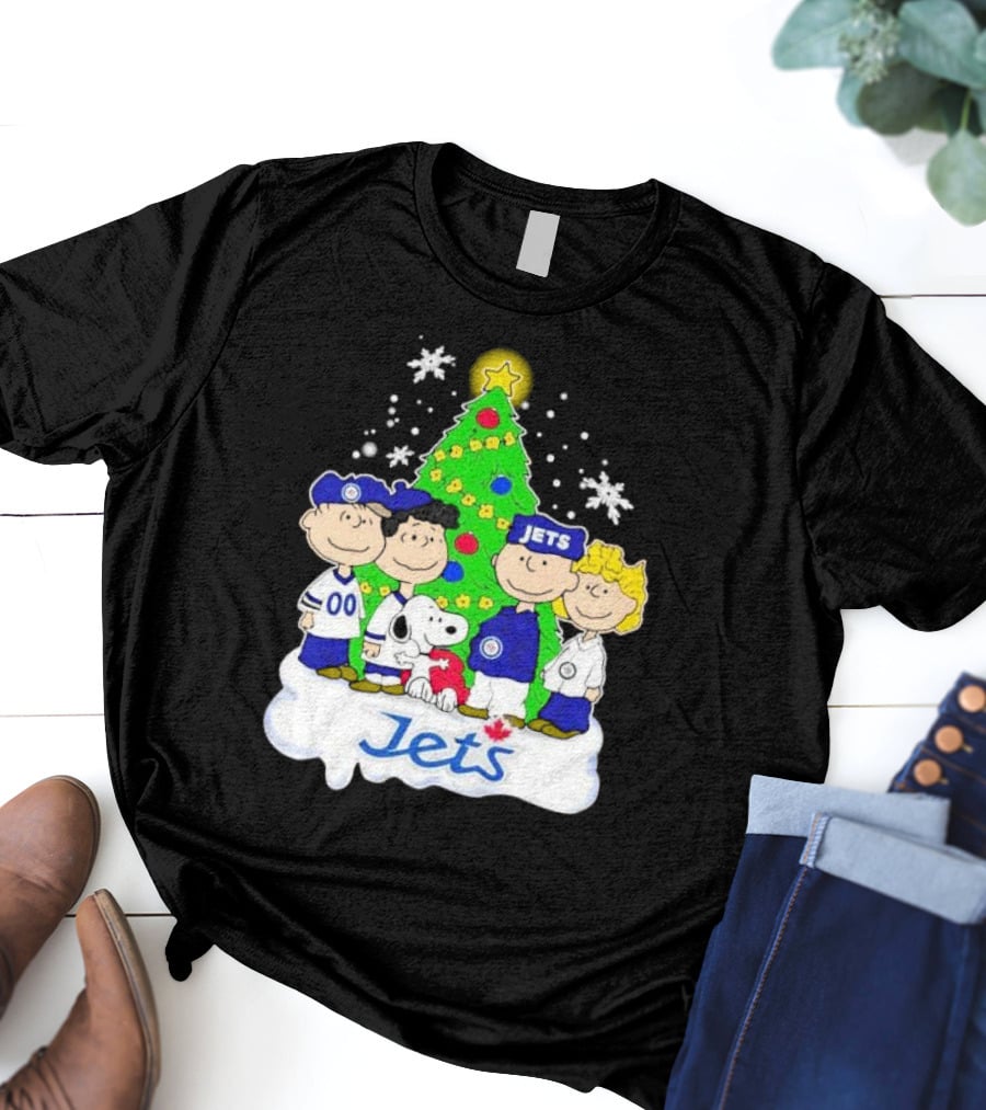 Winnipeg Jets Peanuts Characters Christmas Tree Snoopy Snowflakes T-Shirt