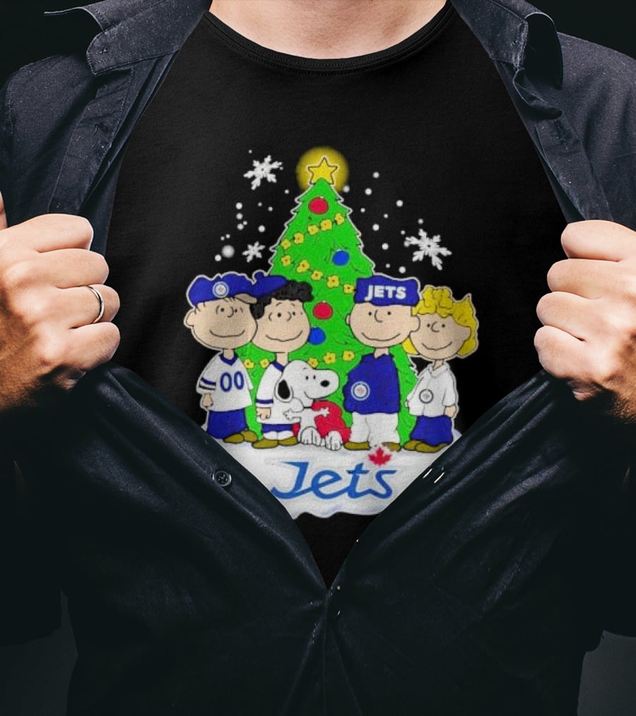 Winnipeg Jets Peanuts Characters Christmas Tree Snoopy Snowflakes T-Shirt