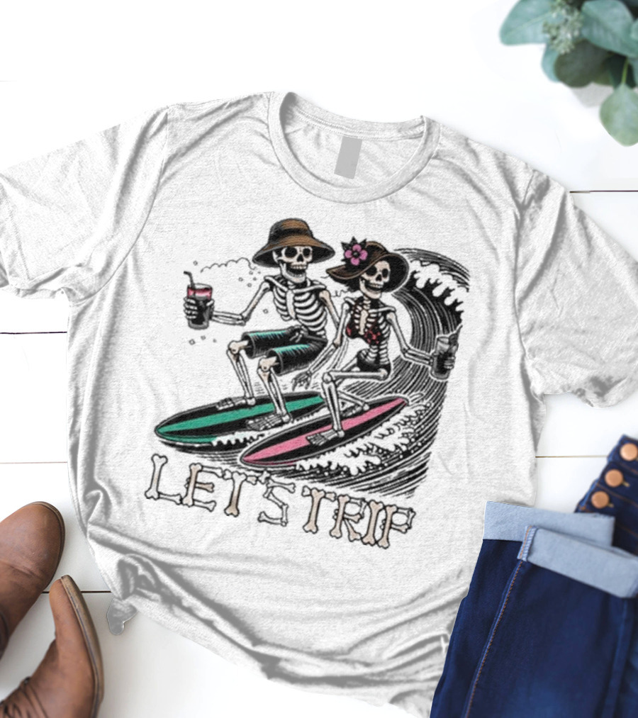 Let’s Trip Skeleton Surf Beach Vibes Retro Skeletons Surfing Waves T-Shirt