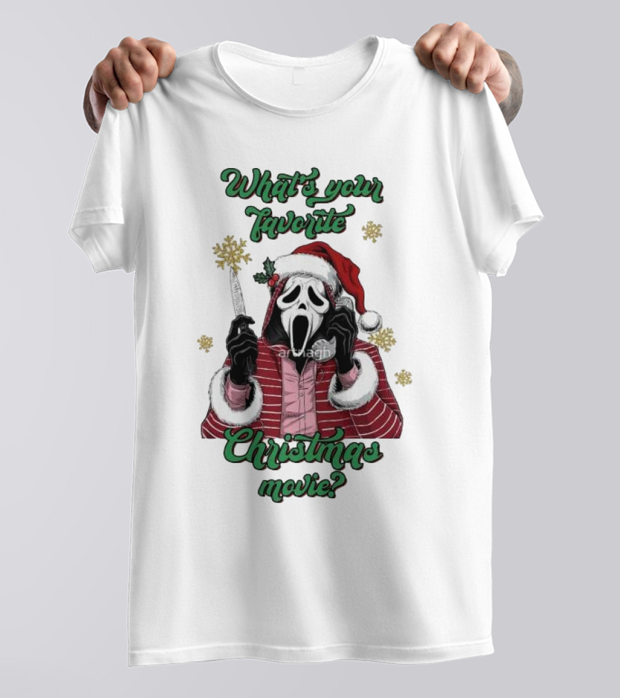 What’s Your Favorite Christmas Movie Santa Skeleton Ghost Face Costume T-Shirt