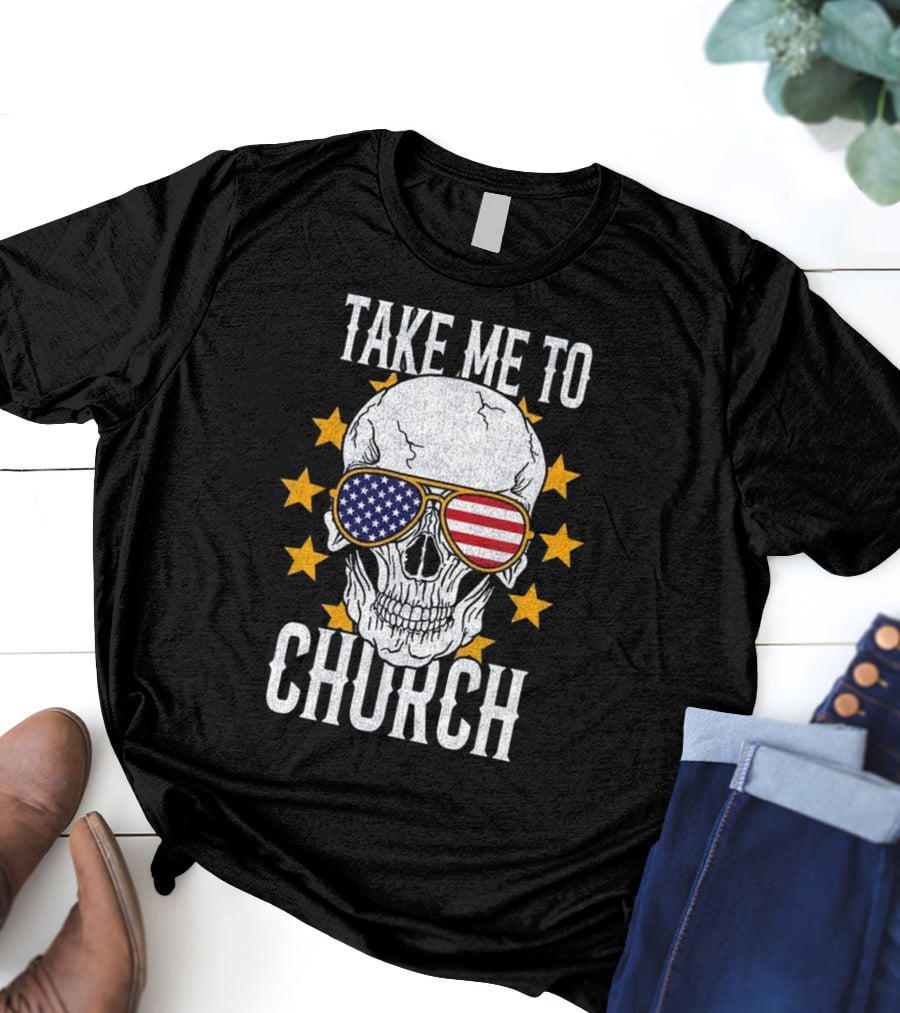 Take Me To Church Skull American Flag Sunglasses T-Shirt