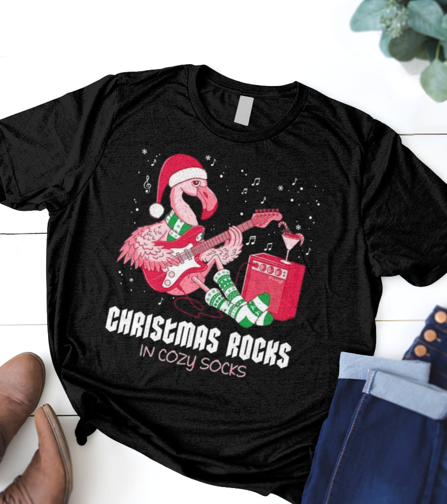 Christmas Rocks In Cozy Socks Flamingo Festive Vibes T-Shirt