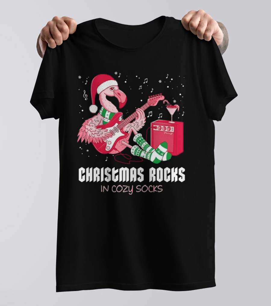Christmas Rocks In Cozy Socks Flamingo Festive Vibes T-Shirt