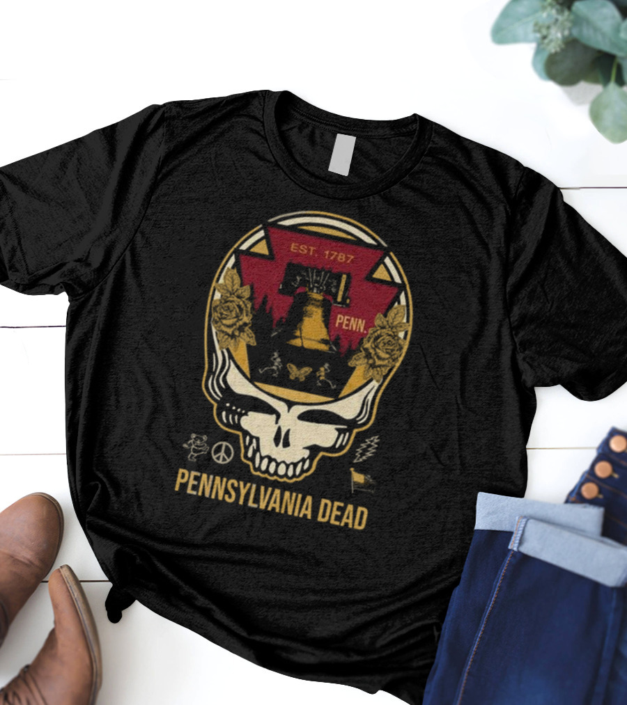 Pennsylvania Dead Est. 1787 Penn Skull With Liberty Bell And Roses T-Shirt