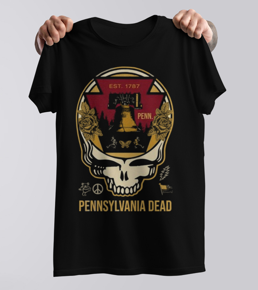 Pennsylvania Dead Est. 1787 Penn Skull With Liberty Bell And Roses T-Shirt