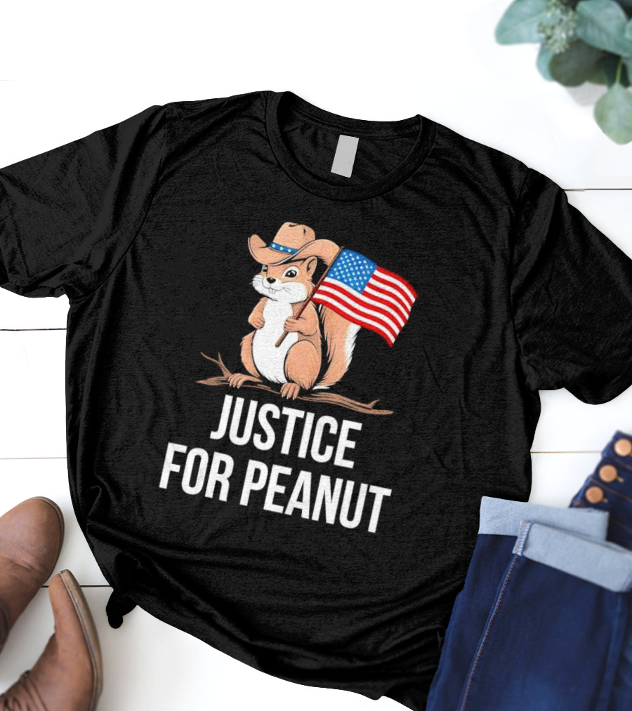 Justice For Peanut Squirrel Holding US Flag In Cowboy Hat T-Shirt