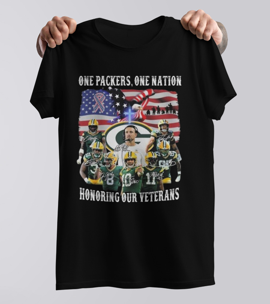 One Packers One Nation Honoring Our Veterans Green Bay Packers Flag Signatures T-Shirt