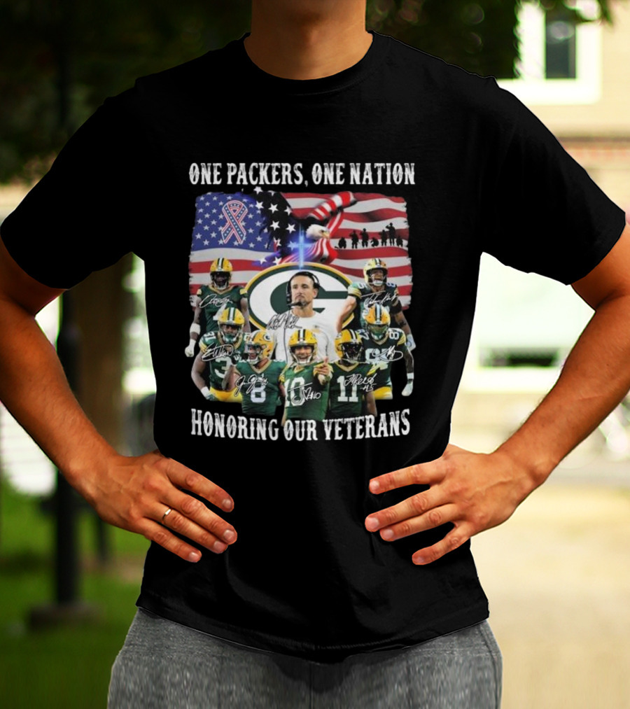 One Packers One Nation Honoring Our Veterans Green Bay Packers Flag Signatures T-Shirt