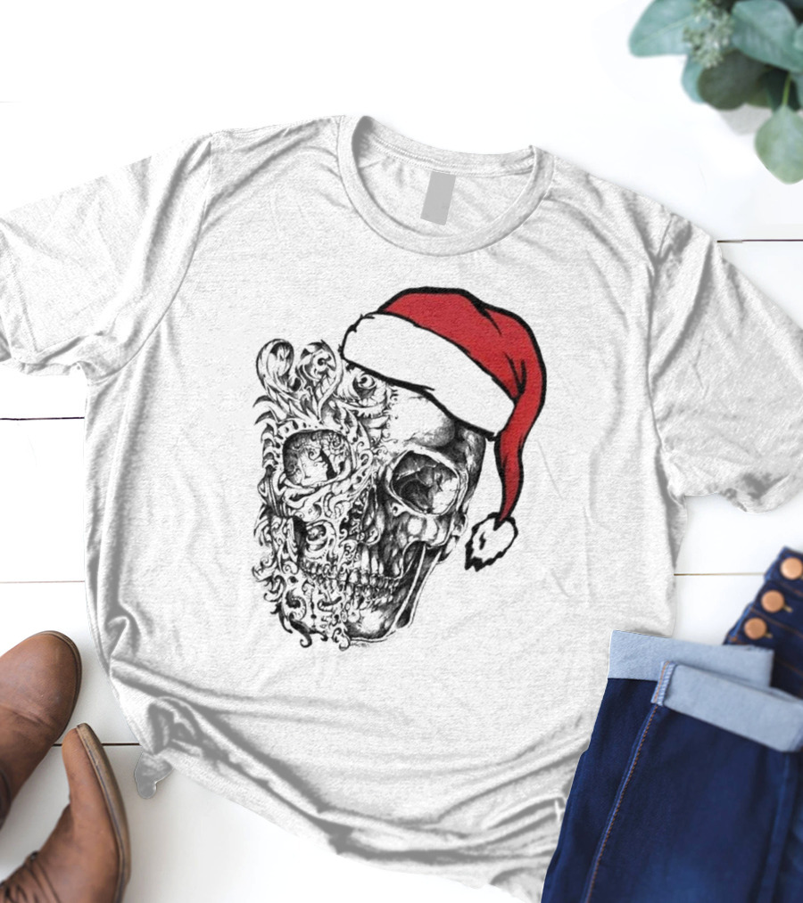 Deck The Halls With Skulls And Bodies Santa Hat Christmas Skull T-Shirt
